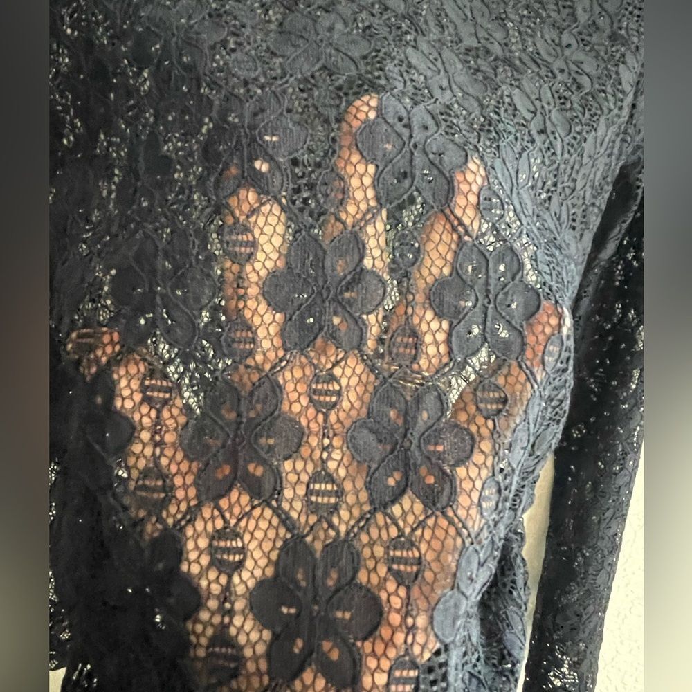 Farm Rio Black Lace Long Sleeve Top romantic bohemian edgy  M. NWT - Picture 5 of 12